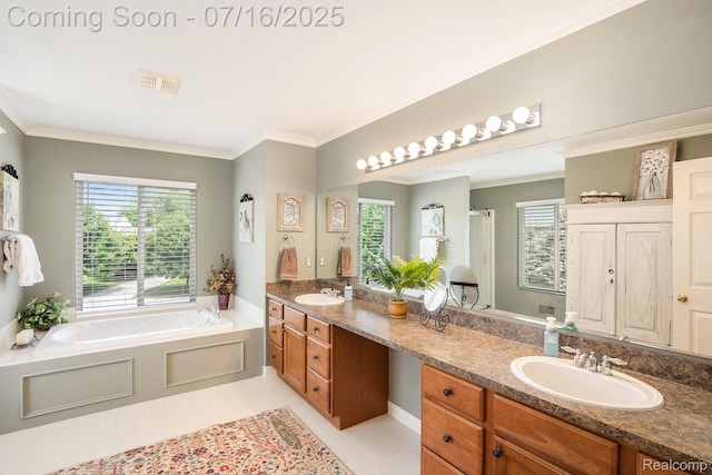 4190 Derry Ct, Oakland, MI 48306 - bathroom with plenty of natural light, a garden tub, double vanity, ornamental molding, and tile patterned floors