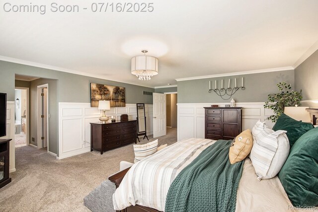4190 Derry Ct, Oakland, MI 48306 - bedroom with ornamental molding, light colored carpet, a decorative wall, and a wainscoted wall