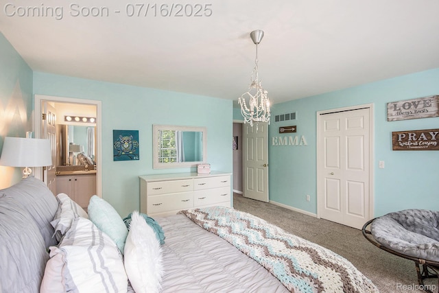 4190 Derry Ct, Oakland, MI 48306 - carpeted bedroom featuring a chandelier and connected bathroom