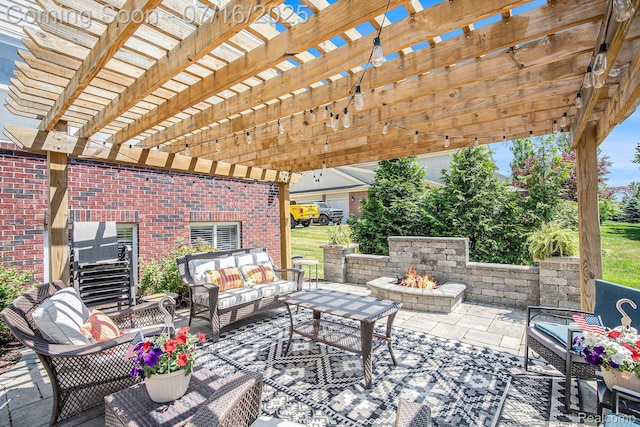 4190 Derry Ct, Oakland, MI 48306 - view of patio / terrace with an outdoor living space with a fire pit and a pergola