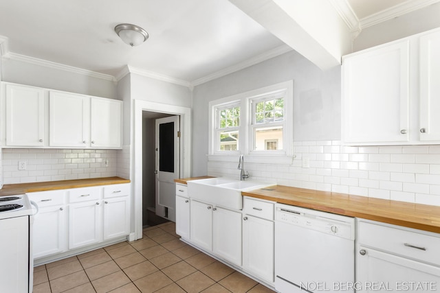 1307 Waverly Ave, Grand Haven, MI 49417 - kitchen featuring white appliances, wood counters, tasteful backsplash, and ornamental molding