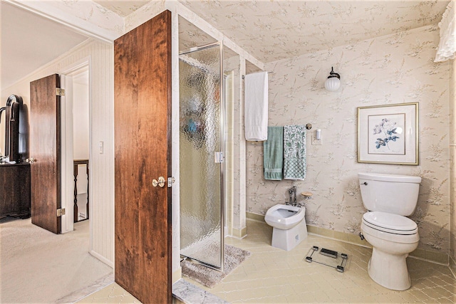 4213 Wentworth Dr, Troy, MI 48098 - bathroom with a bidet, a shower stall, wallpapered walls, and tile patterned floors