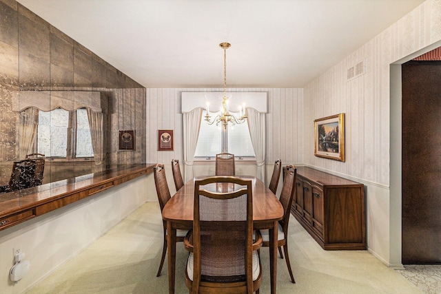 4213 Wentworth Dr, Troy, MI 48098 - dining room featuring wallpapered walls, a chandelier, light carpet, and healthy amount of natural light