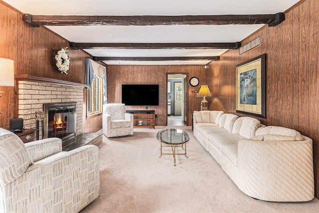 4213 Wentworth Dr, Troy, MI 48098 - living area with wooden walls, carpet flooring, a fireplace, and beam ceiling