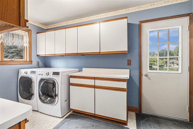 4213 Wentworth Dr, Troy, MI 48098 - washroom with cabinet space, wallpapered walls, and washing machine and clothes dryer