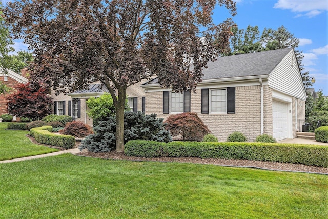 4213 Wentworth Dr, Troy, MI 48098 - obstructed view of property featuring brick siding, an attached garage, a front yard, driveway, and a shingled roof