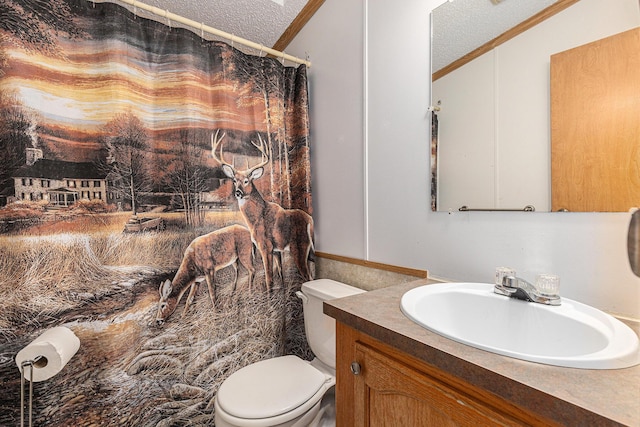 6671 E 136th St, Sand Lake, MI 49343 - full bathroom featuring a textured ceiling, vanity, crown molding, a wainscoted wall, and a shower with curtain