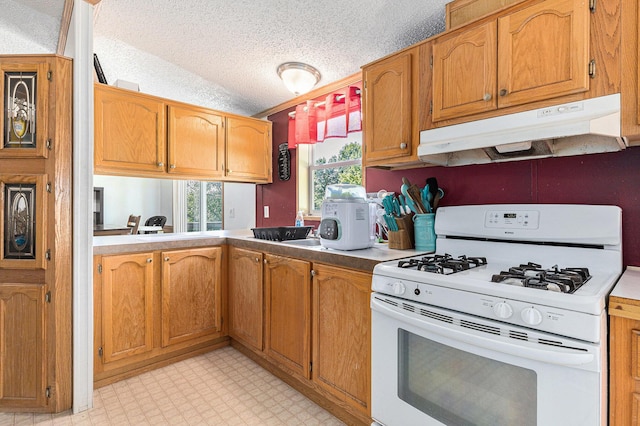 6671 E 136th St, Sand Lake, MI 49343 - kitchen featuring white range with gas cooktop, under cabinet range hood, a textured ceiling, light flooring, and brown cabinets