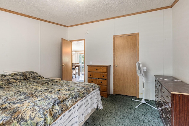 6671 E 136th St, Sand Lake, MI 49343 - bedroom featuring crown molding, dark colored carpet, and a textured ceiling
