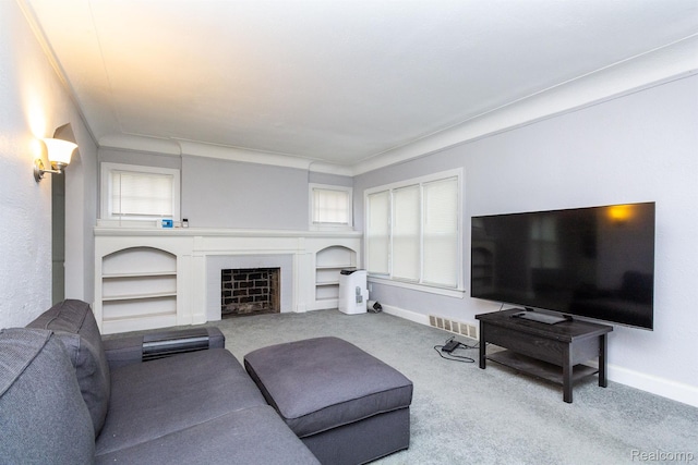 3602 Chatsworth St, Detroit, MI 48224 - carpeted living area with plenty of natural light, built in features, and a fireplace