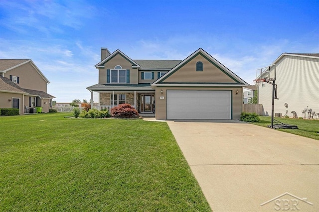 936 Appaloosa Pass, Auburn, MI 48611 - view of front of property with a porch, concrete driveway, a chimney, and an attached garage