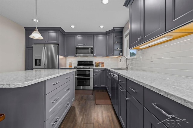 936 Appaloosa Pass, Auburn, MI 48611 - kitchen featuring stainless steel appliances, recessed lighting, dark wood-style floors, open shelves, and decorative backsplash