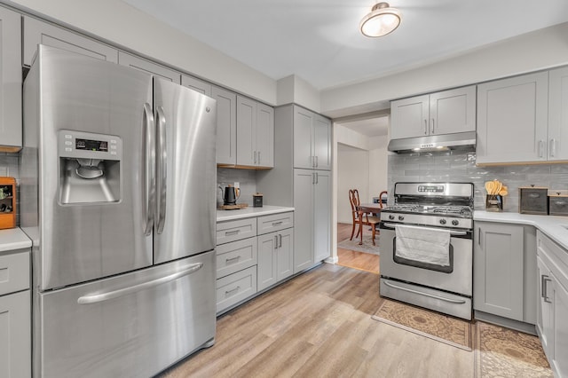 2840 Tuebingen Pkwy, Ann Arbor, MI 48105 - kitchen featuring stainless steel appliances, gray cabinets, under cabinet range hood, and light wood-style floors