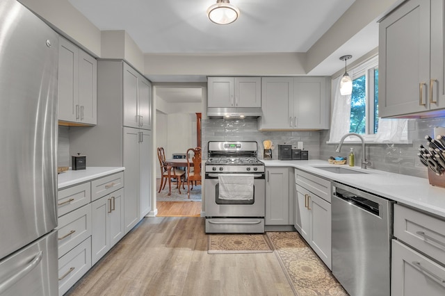 2840 Tuebingen Pkwy, Ann Arbor, MI 48105 - kitchen with appliances with stainless steel finishes, gray cabinets, light wood-style flooring, and under cabinet range hood