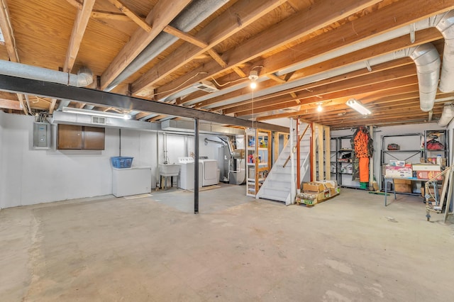 2840 Tuebingen Pkwy, Ann Arbor, MI 48105 - unfinished basement featuring washer and dryer, electric panel, stairs, and refrigerator