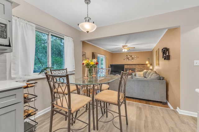 2840 Tuebingen Pkwy, Ann Arbor, MI 48105 - dining space featuring a fireplace, light wood finished floors, a ceiling fan, and healthy amount of natural light