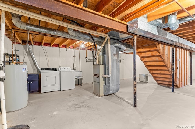 33050 Woodworth Ct, Westland, MI 48185 - unfinished below grade area with water heater, washer and dryer, heating unit, and stairs