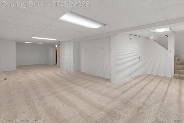 1681 Stieber St, Westland, MI 48186 - finished basement featuring a drop ceiling, carpet flooring, and stairs