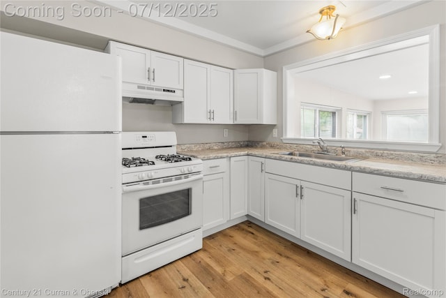 1681 Stieber St, Westland, MI 48186 - kitchen with white appliances, under cabinet range hood, white cabinetry, light wood-type flooring, and light countertops