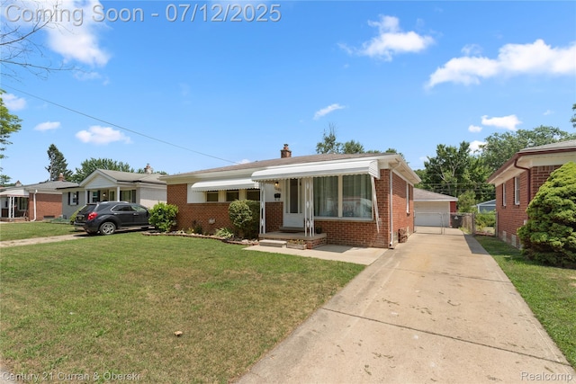 1681 Stieber St, Westland, MI 48186 - view of front facade with brick siding, a front lawn, an outbuilding, a chimney, and a detached garage