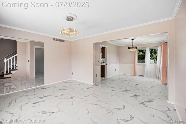 2900 Barton Dr, Sterling Heights, MI 48310 - spare room with a chandelier, stairs, marble finish floors, and crown molding