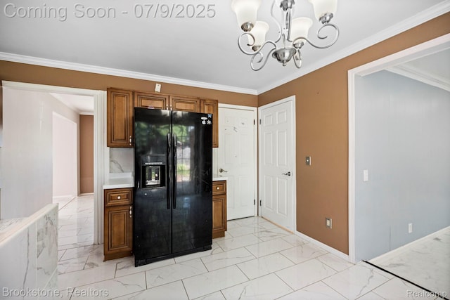 2900 Barton Dr, Sterling Heights, MI 48310 - kitchen featuring black fridge, a chandelier, light marble finish floors, brown cabinets, and ornamental molding