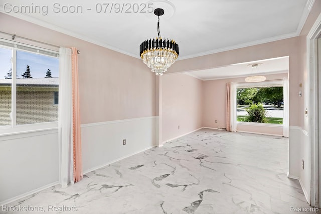 2900 Barton Dr, Sterling Heights, MI 48310 - unfurnished room featuring a chandelier, marble look tiles, and ornamental molding