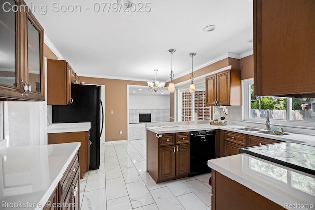 2900 Barton Dr, Sterling Heights, MI 48310 - kitchen featuring black appliances, a chandelier, light marble finish flooring, hanging light fixtures, and glass insert cabinets