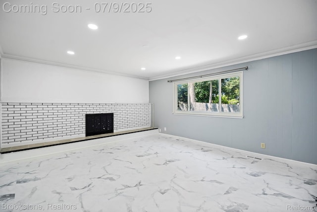 2900 Barton Dr, Sterling Heights, MI 48310 - empty room with crown molding, recessed lighting, marble look tiles, and a fireplace