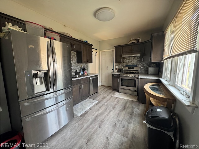 6815 Mettetal St, Detroit, MI 48228 - kitchen featuring stainless steel appliances, dark brown cabinets, decorative backsplash, light countertops, and light wood-style floors