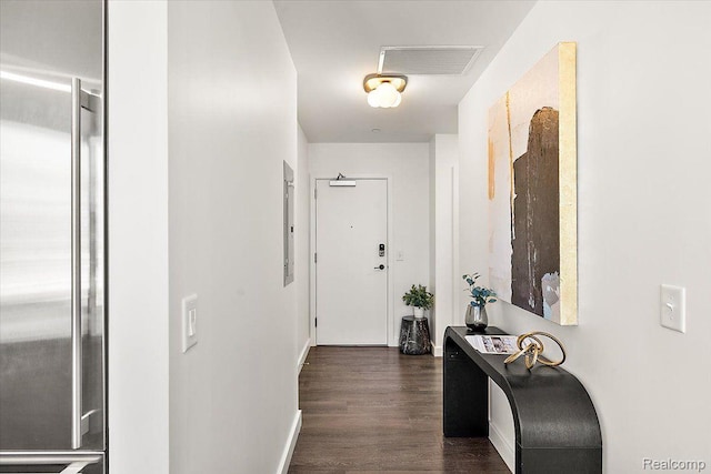 330 Gratiot Ave Unit 1504, Detroit, MI 48226 - corridor featuring dark wood-style floors and baseboards