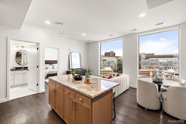330 Gratiot Ave Unit 1504, Detroit, MI 48226 - kitchen featuring open floor plan, a center island, light stone counters, dark wood finished floors, and a breakfast bar