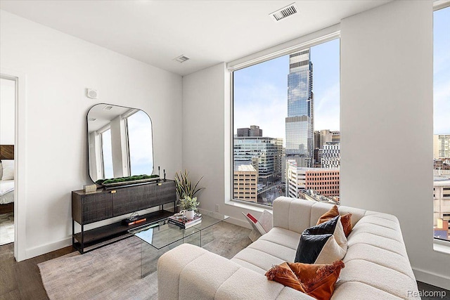 330 Gratiot Ave Unit 1504, Detroit, MI 48226 - living area with plenty of natural light, wood finished floors, and a view of city
