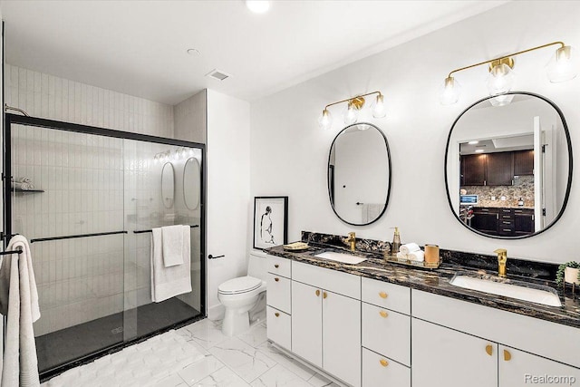 330 Gratiot Ave Unit 1504, Detroit, MI 48226 - bathroom with marble finish floors, double vanity, and a shower stall