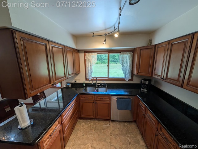 22048 Rougewood Dr, Southfield, MI 48033 - kitchen with dishwasher, brown cabinetry, dark stone counters, and a peninsula
