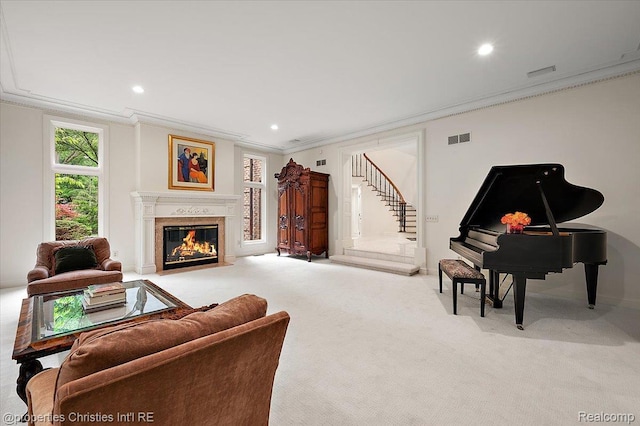 347 Pine Ridge Dr, Bloomfield Hills, MI 48304 - carpeted living room featuring crown molding, a premium fireplace, recessed lighting, and stairway