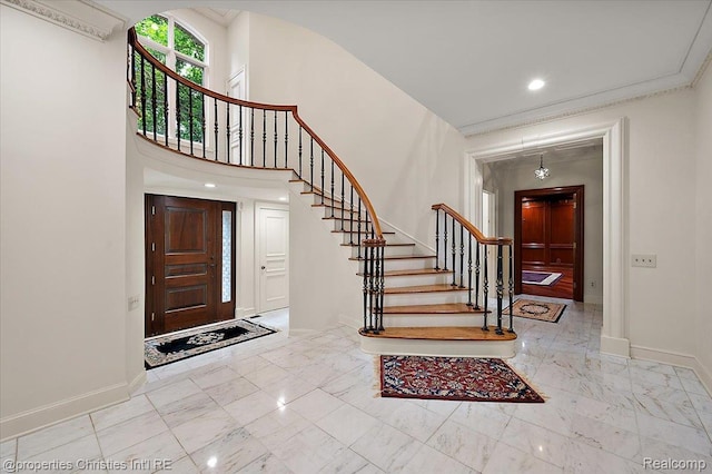347 Pine Ridge Dr, Bloomfield Hills, MI 48304 - entrance foyer with stairway, marble finish floors, and recessed lighting