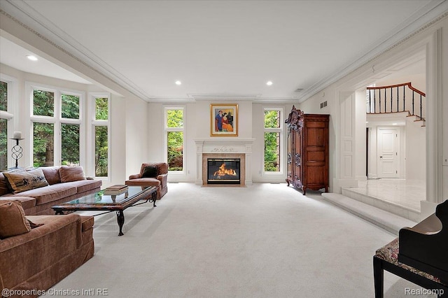 347 Pine Ridge Dr, Bloomfield Hills, MI 48304 - carpeted living area featuring crown molding, a high end fireplace, recessed lighting, and stairway