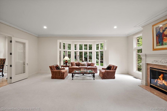 347 Pine Ridge Dr, Bloomfield Hills, MI 48304 - carpeted living area featuring ornamental molding, a premium fireplace, and recessed lighting
