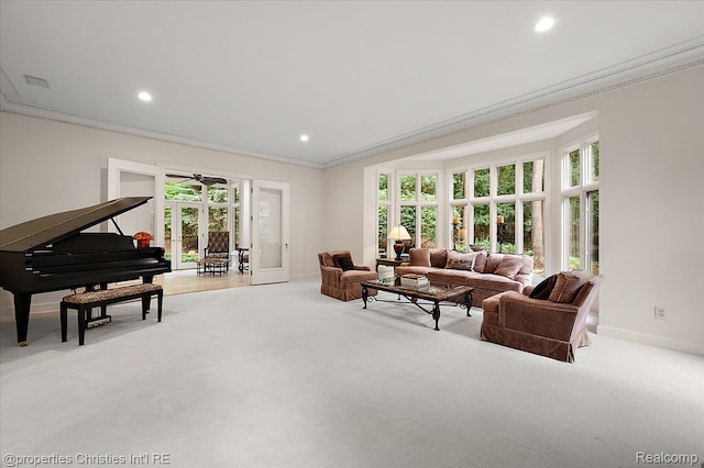 347 Pine Ridge Dr, Bloomfield Hills, MI 48304 - living area featuring ornamental molding, french doors, light colored carpet, and recessed lighting