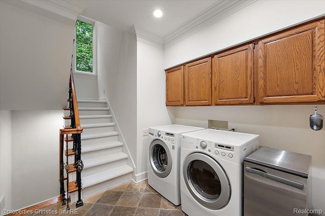 347 Pine Ridge Dr, Bloomfield Hills, MI 48304 - laundry room with cabinet space, washer and clothes dryer, crown molding, stone finish flooring, and recessed lighting