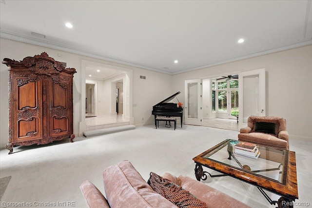 347 Pine Ridge Dr, Bloomfield Hills, MI 48304 - carpeted living area with crown molding, recessed lighting, ceiling fan, and french doors