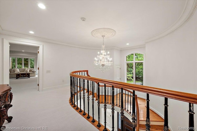 347 Pine Ridge Dr, Bloomfield Hills, MI 48304 - corridor featuring an upstairs landing, ornamental molding, a chandelier, recessed lighting, and carpet