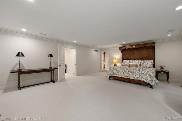 347 Pine Ridge Dr, Bloomfield Hills, MI 48304 - bedroom featuring ornamental molding, light carpet, and recessed lighting