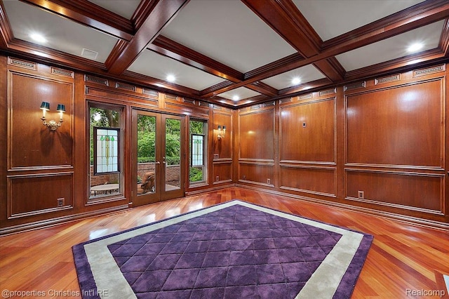 347 Pine Ridge Dr, Bloomfield Hills, MI 48304 - spare room with wood finished floors, french doors, beamed ceiling, coffered ceiling, and recessed lighting