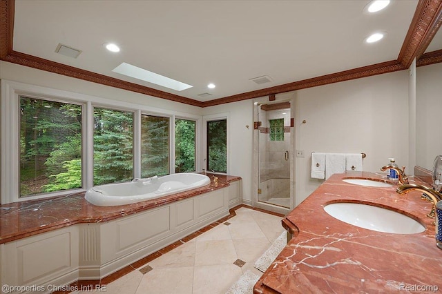 347 Pine Ridge Dr, Bloomfield Hills, MI 48304 - full bath featuring inlaid floor details, a stall shower, a bath, ornamental molding, and a skylight
