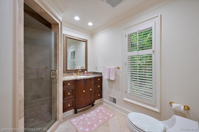 347 Pine Ridge Dr, Bloomfield Hills, MI 48304 - bathroom featuring ornamental molding, vanity, a stall shower, and tile patterned flooring