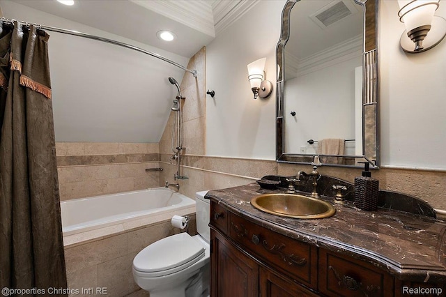 347 Pine Ridge Dr, Bloomfield Hills, MI 48304 - bathroom featuring crown molding, tiled shower / bath combo, vanity, and recessed lighting