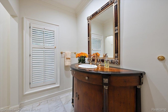 347 Pine Ridge Dr, Bloomfield Hills, MI 48304 - bathroom with marble look tiles, vanity, and crown molding