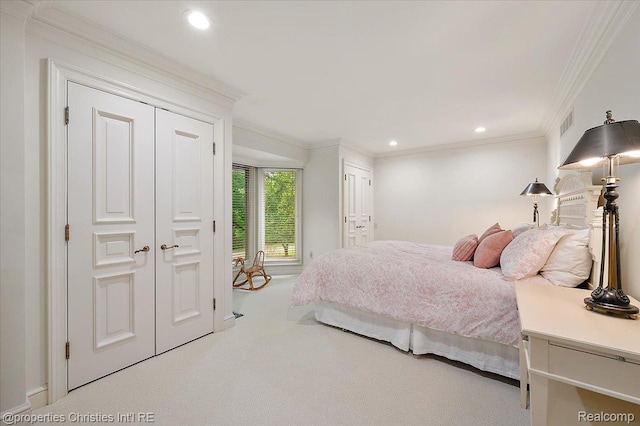 347 Pine Ridge Dr, Bloomfield Hills, MI 48304 - bedroom with carpet flooring, crown molding, two closets, and recessed lighting
